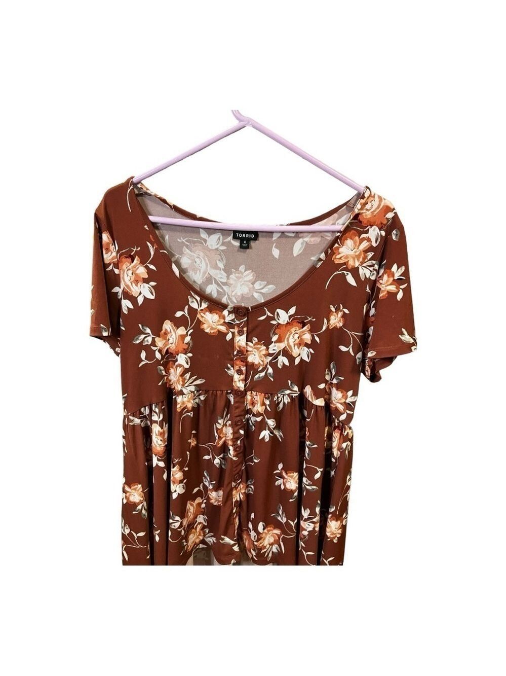 Torrid Short Sleeve Smocked Floral Tunic Brown Cream Roses Large - Picture 6 of 9